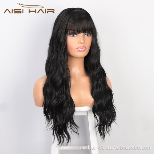 Aisi Hair Popular Vendor Cheap Wholesale Medical Long Wavy Natural Wave Wig With Bangs For Black Women Synthetic Hair Wigs